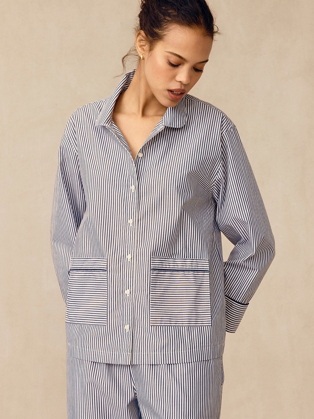 LAKE Poplin Piped Long-Long Top in English Navy Riviera Stripe